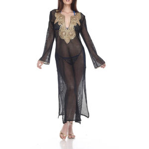 Manish Vaid Dress Cover-Up Medium‎ Black Gold Embellished Resort Beach Poolside